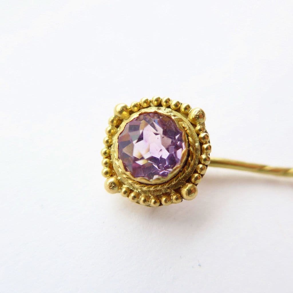 GOLD PLATED STICK TIE PIN AMETHYST & CZ GIFT BAG FREE UK P&P......W1992 